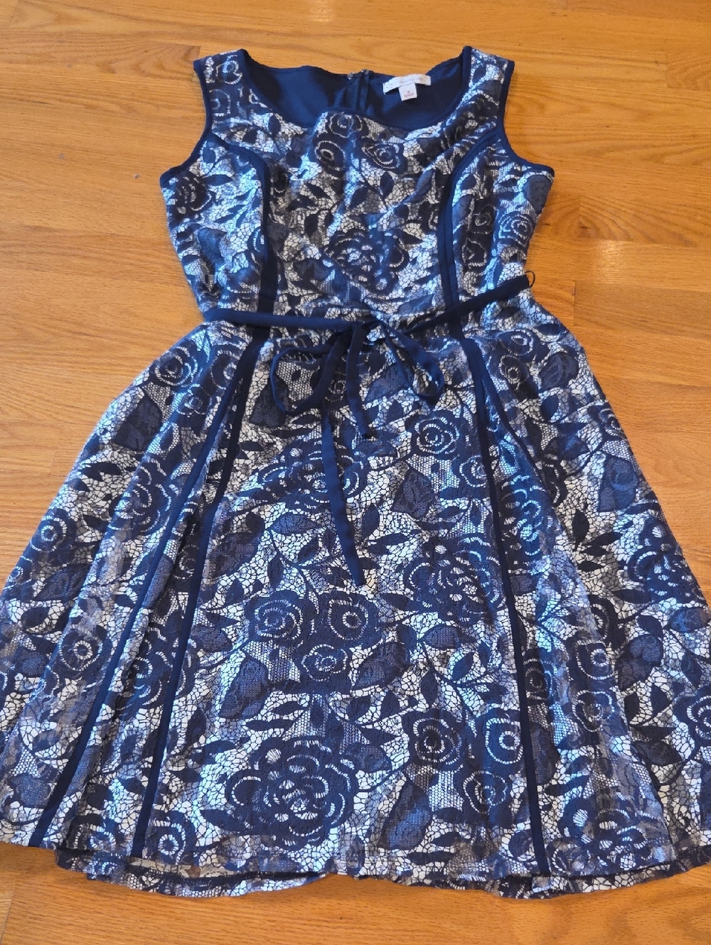 Navy Blue Floral Lace WOMEN'S  Dress with Ribbon Waist
